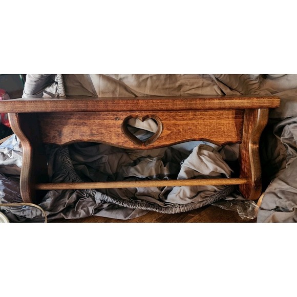 Hand Crafted Other - Vintage Solid Wood Hand Crafted Shelf Towel Rack Bar w Heart Cutout Cottagecore